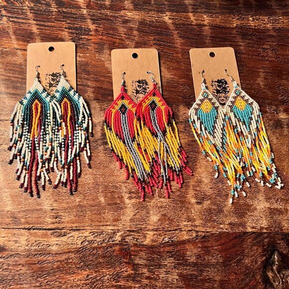 Hand Beaded Long Boho Fringe Earrings - Picture 6 of 6